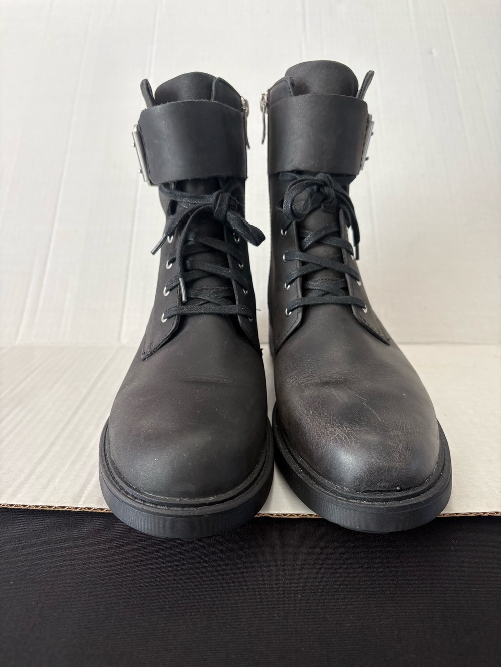 Clarks Black Leather Women's Combat Boots with Ankle Strap, size 9, NWOB